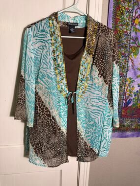 Maggie Barnes 0X Animal Print Tunic Top Turquoise Sequin Layered Y2K